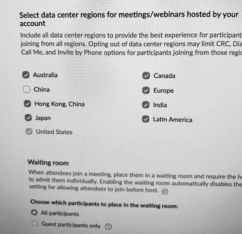 Zoom Data Center regions section box